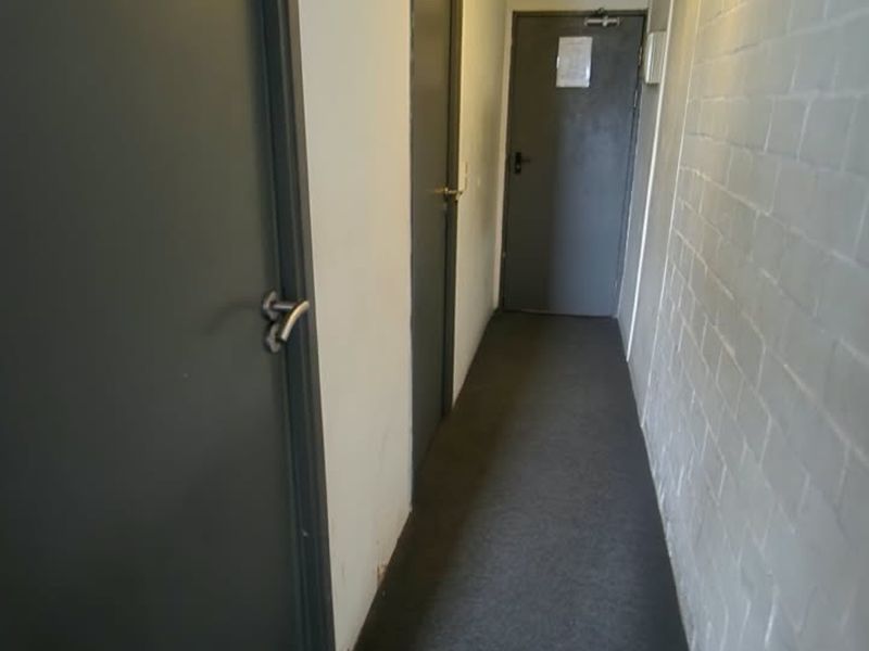 A narrow interior hallway featuring painted brick walls, grey carpeting, and multiple internal doors leading to other rooms.