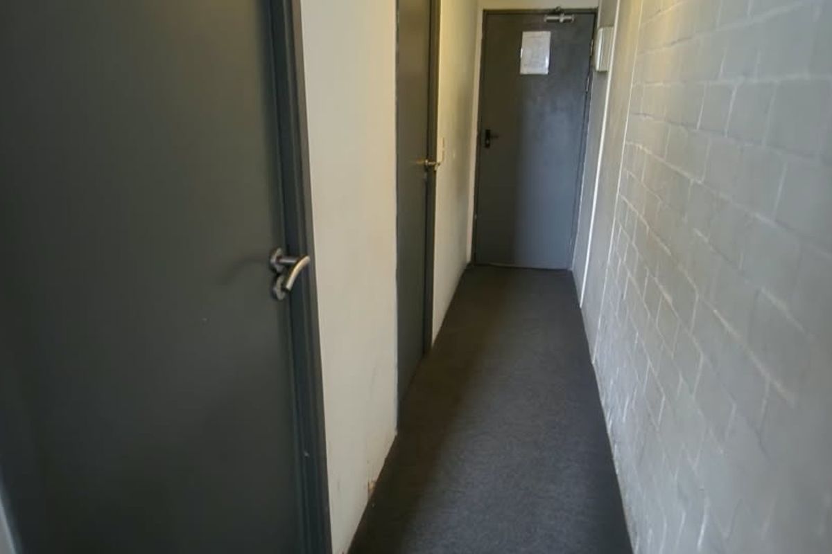 A narrow interior hallway featuring painted brick walls, grey carpeting, and multiple internal doors leading to other rooms.