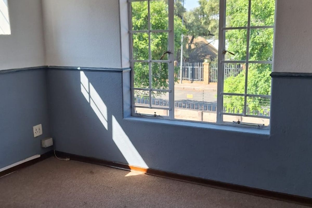 An empty bedroom featuring steel-framed windows, carpet flooring, and two-tone wall paint with a dado rail.
