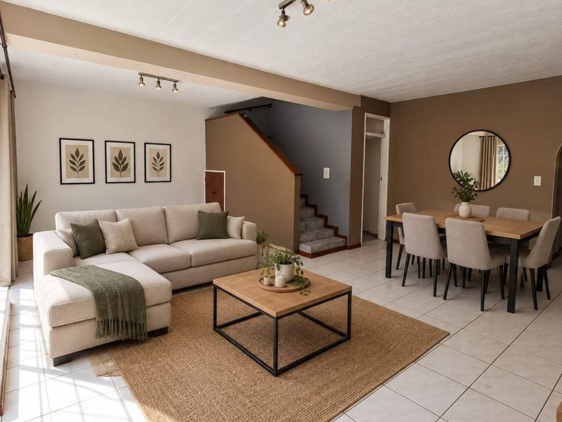 Spacious open-plan living and dining area featuring neutral tiled flooring, a central staircase, and an inviting archway leading to the entrance.
