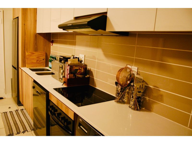 Modern kitchen featuring sleek cabinetry, stone countertops, induction cooktop, integrated dishwasher, and a stylish tiled backsplash.