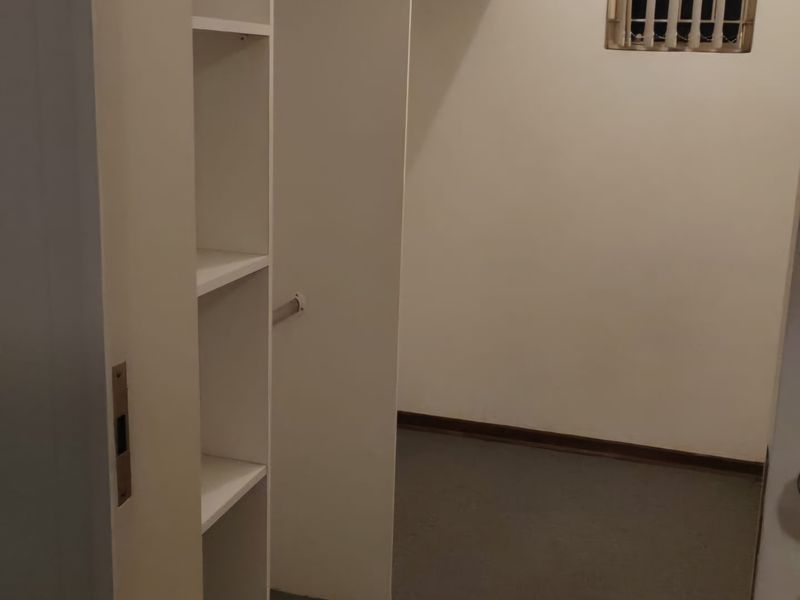 A walk-in closet or dressing area featuring built-in shelving and hanging rails, carpeted flooring, and a small window with security bars.