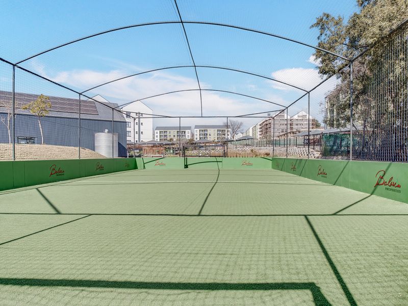 A well-maintained outdoor sports facility featuring artificial turf, perimeter netting, and protective wall boarding, suitable for various recreational activities.