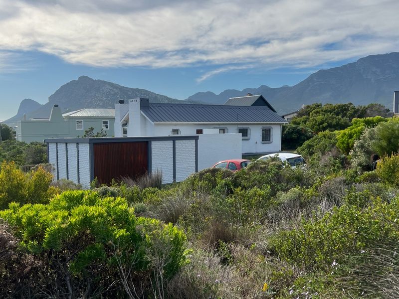 A rear view of a white brick house with a metal roof, featuring a garage and mountain views in a natural garden setting.