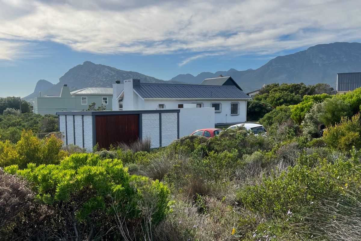 A rear view of a white brick house with a metal roof, featuring a garage and mountain views in a natural garden setting.