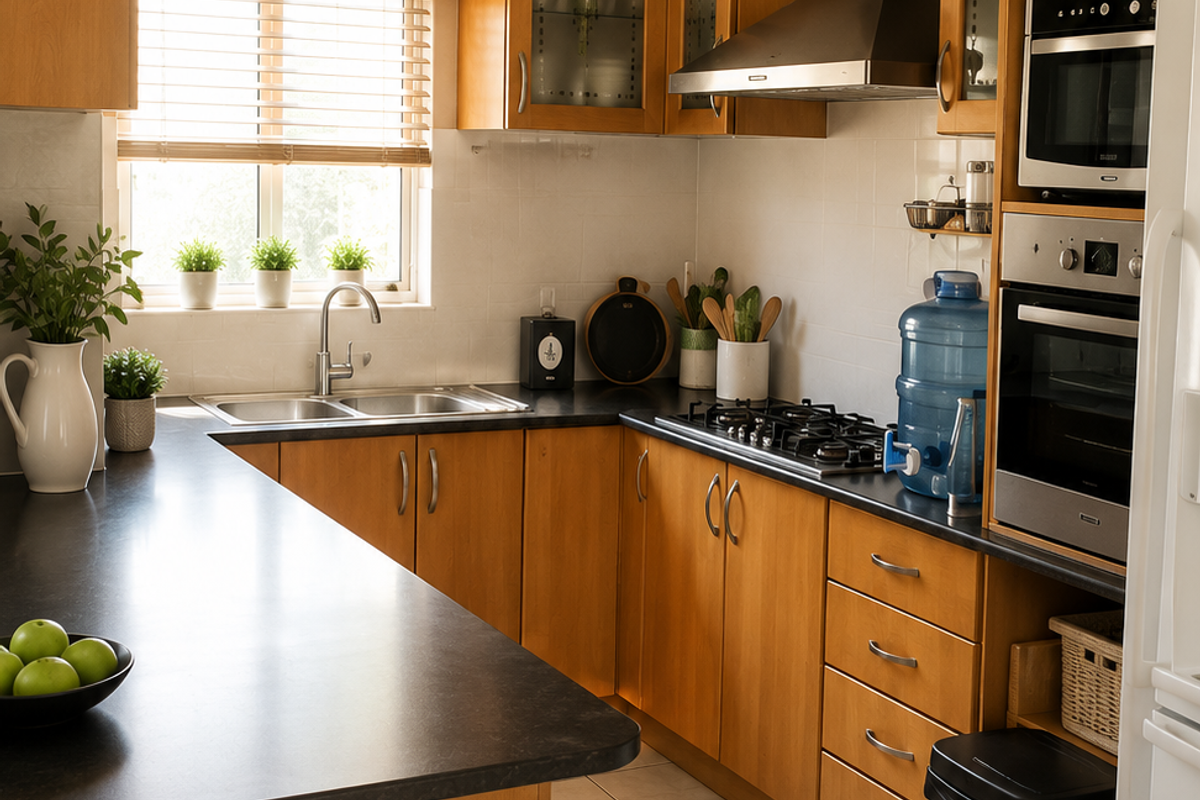 A functional kitchen featuring wooden cabinetry, dark countertops, a stainless steel extractor fan, built-in oven, and tiled flooring.