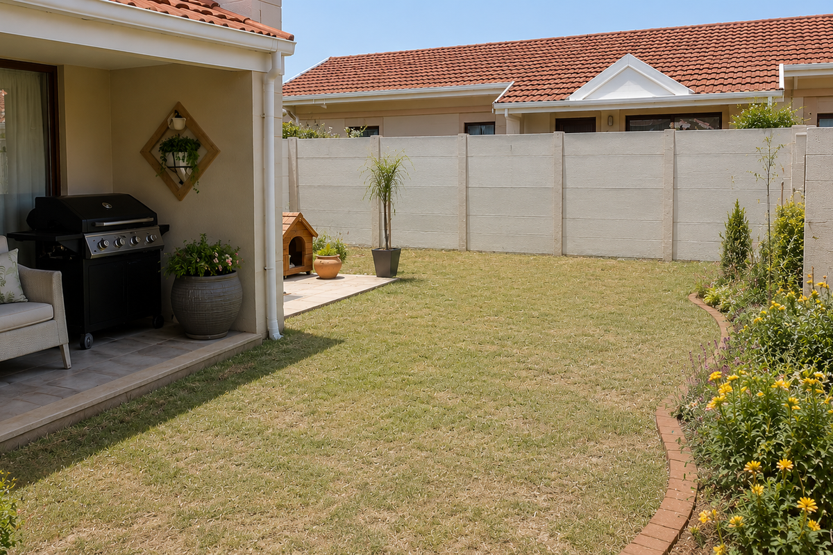 A private rear garden featuring a covered patio area, a well-maintained lawn, and established garden beds with brick edging.