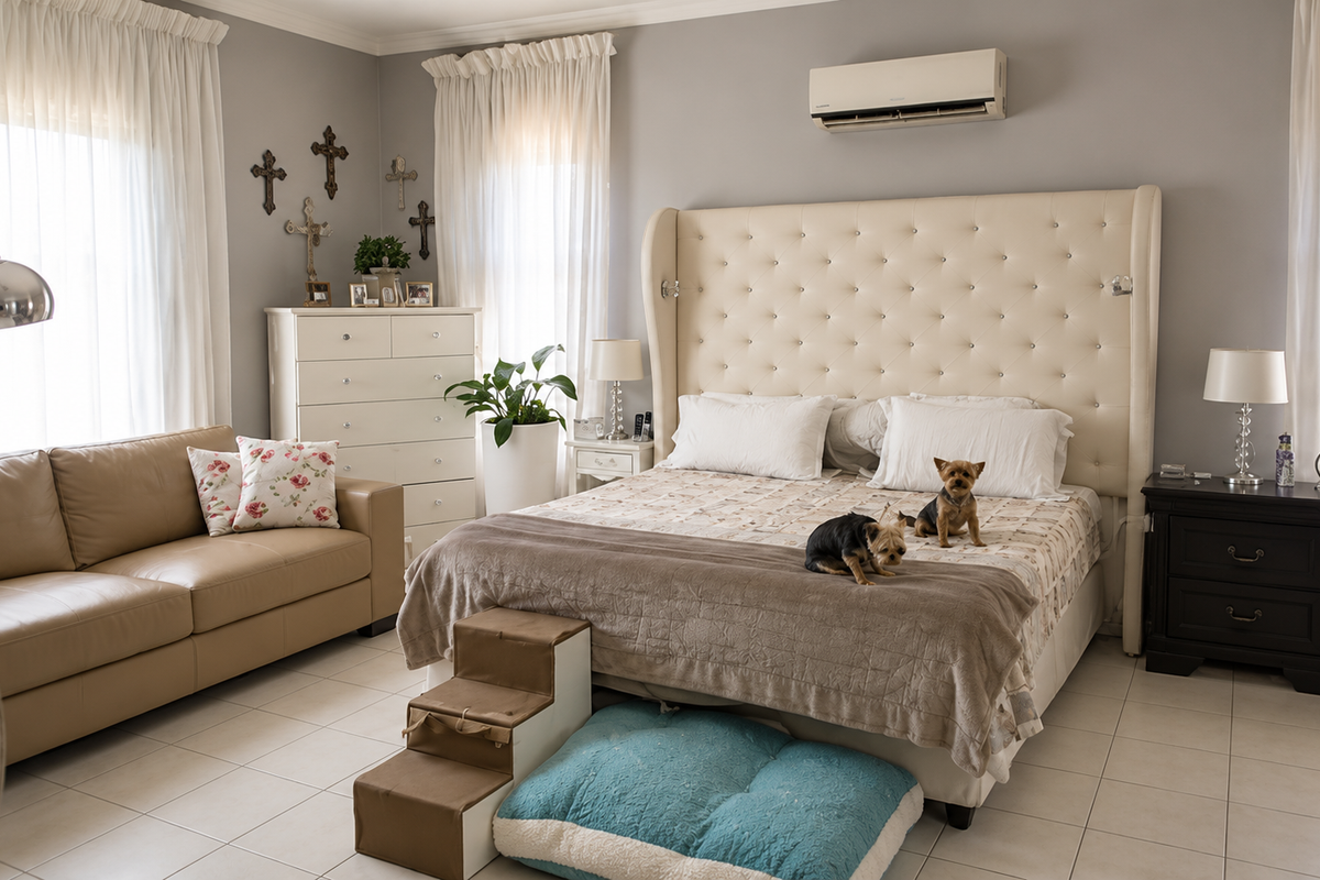Spacious bedroom featuring tiled flooring, neutral wall finishes, and a wall-mounted air conditioning unit.