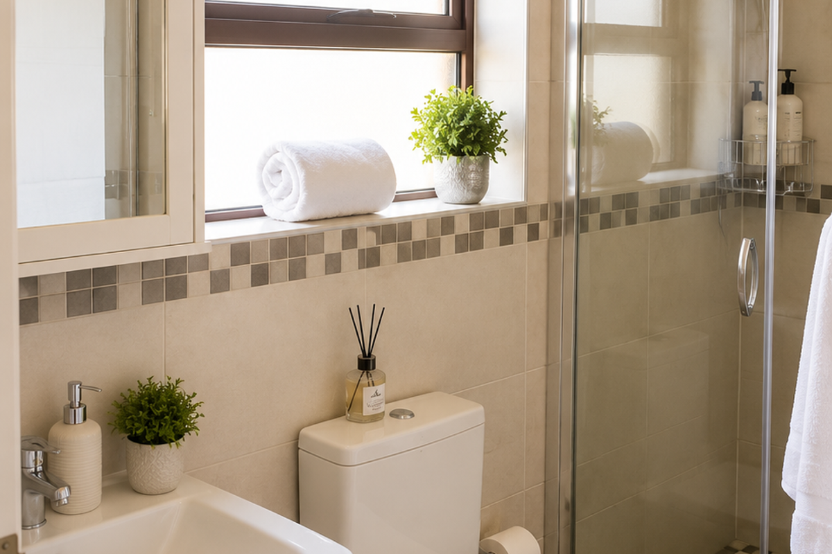 A well-maintained bathroom featuring a pedestal sink, a modern toilet, and a glass-enclosed shower with tiled flooring and neutral wall tiles.