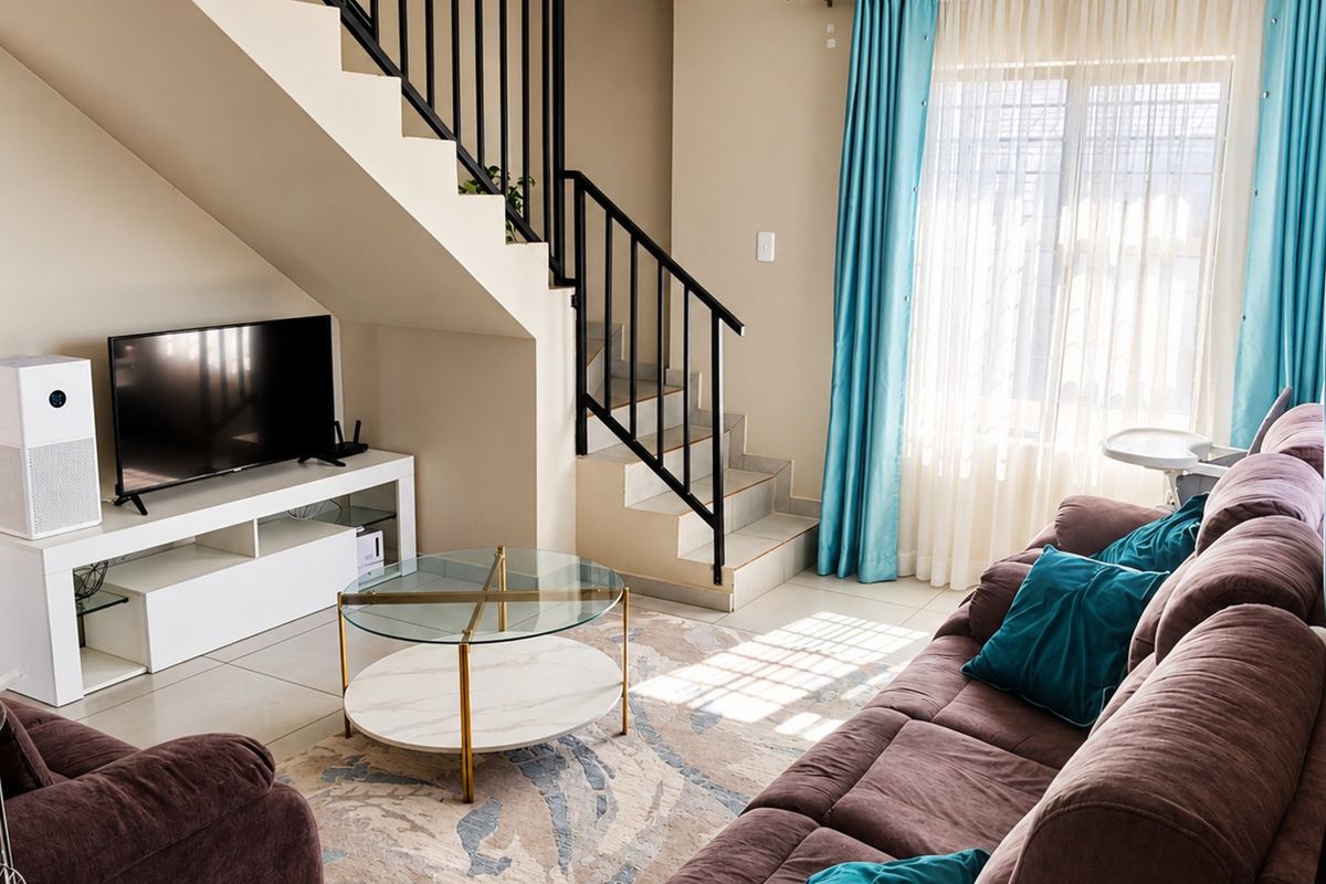A bright living room featuring a staircase with a metal balustrade, tiled flooring, and natural light from a large window.