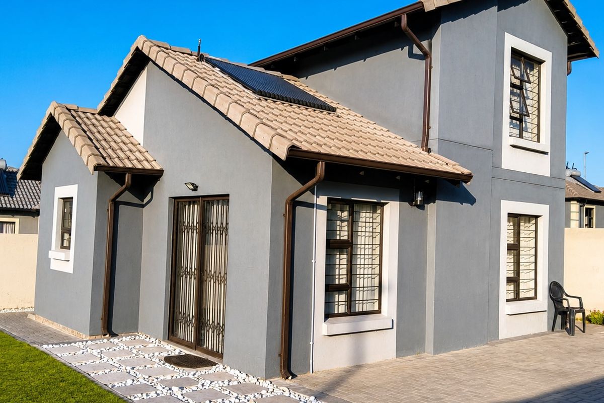 A well-maintained rear exterior view of a modern house featuring a tiled roof, solar water heating system, paved patio area, and secure window bars.