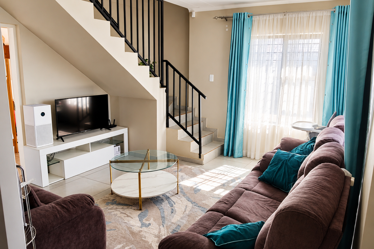 A well-maintained living room featuring a staircase with a modern metal balustrade and large windows allowing for natural light.