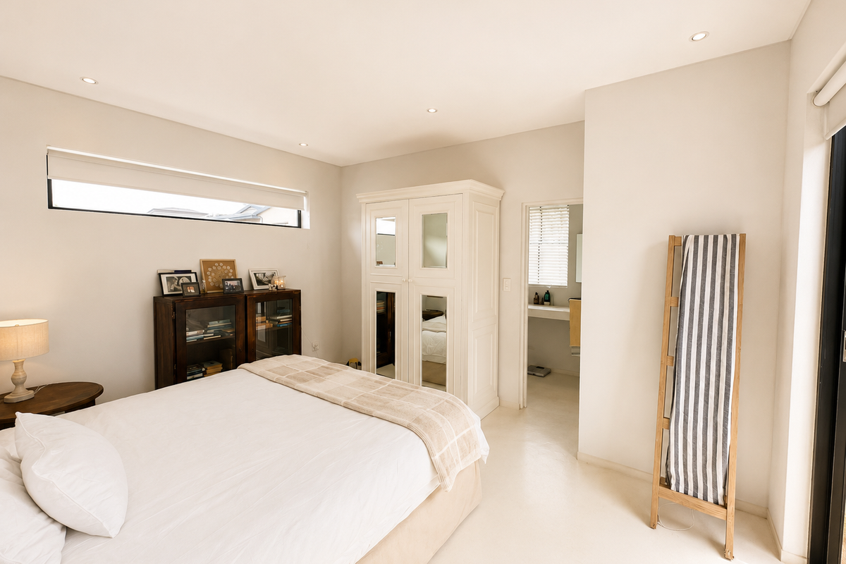 A bright, modern bedroom featuring recessed ceiling lighting, a built-in wardrobe, and an en-suite bathroom access with neutral finishes.