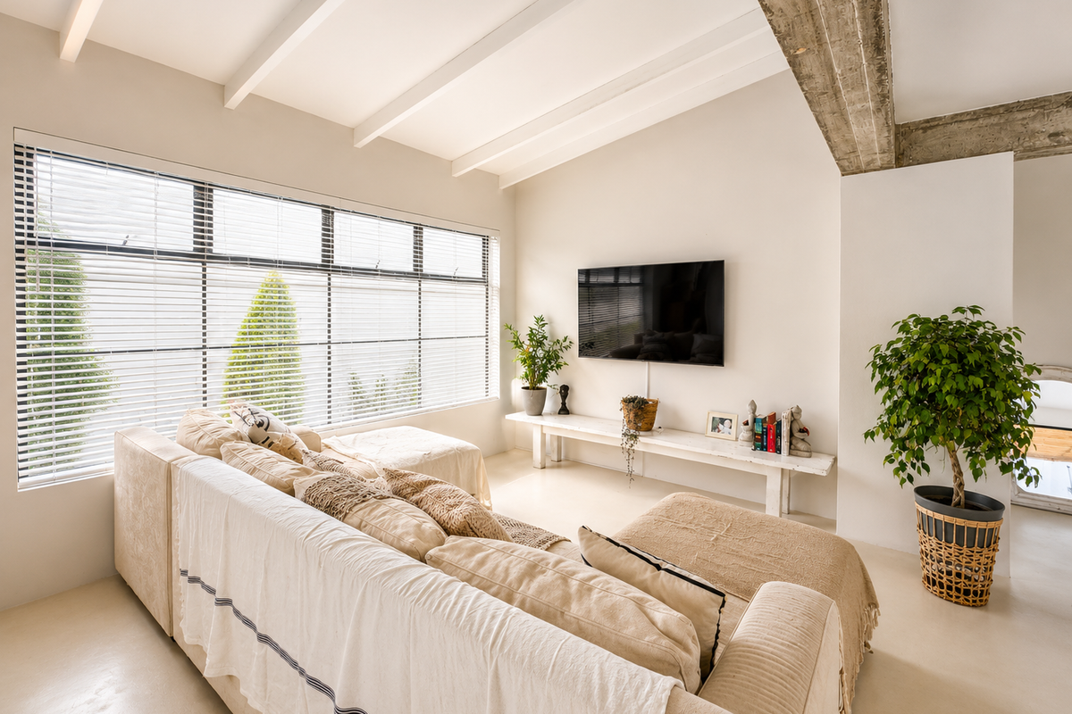 A bright living room featuring exposed concrete ceiling beams, vaulted ceilings, large windows with venetian blinds, and a smooth concrete floor finish.