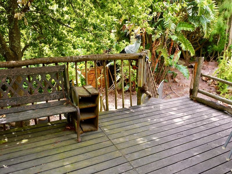 A rustic timber deck area featuring natural wood railings, overlooking a lush, tree-filled garden setting.