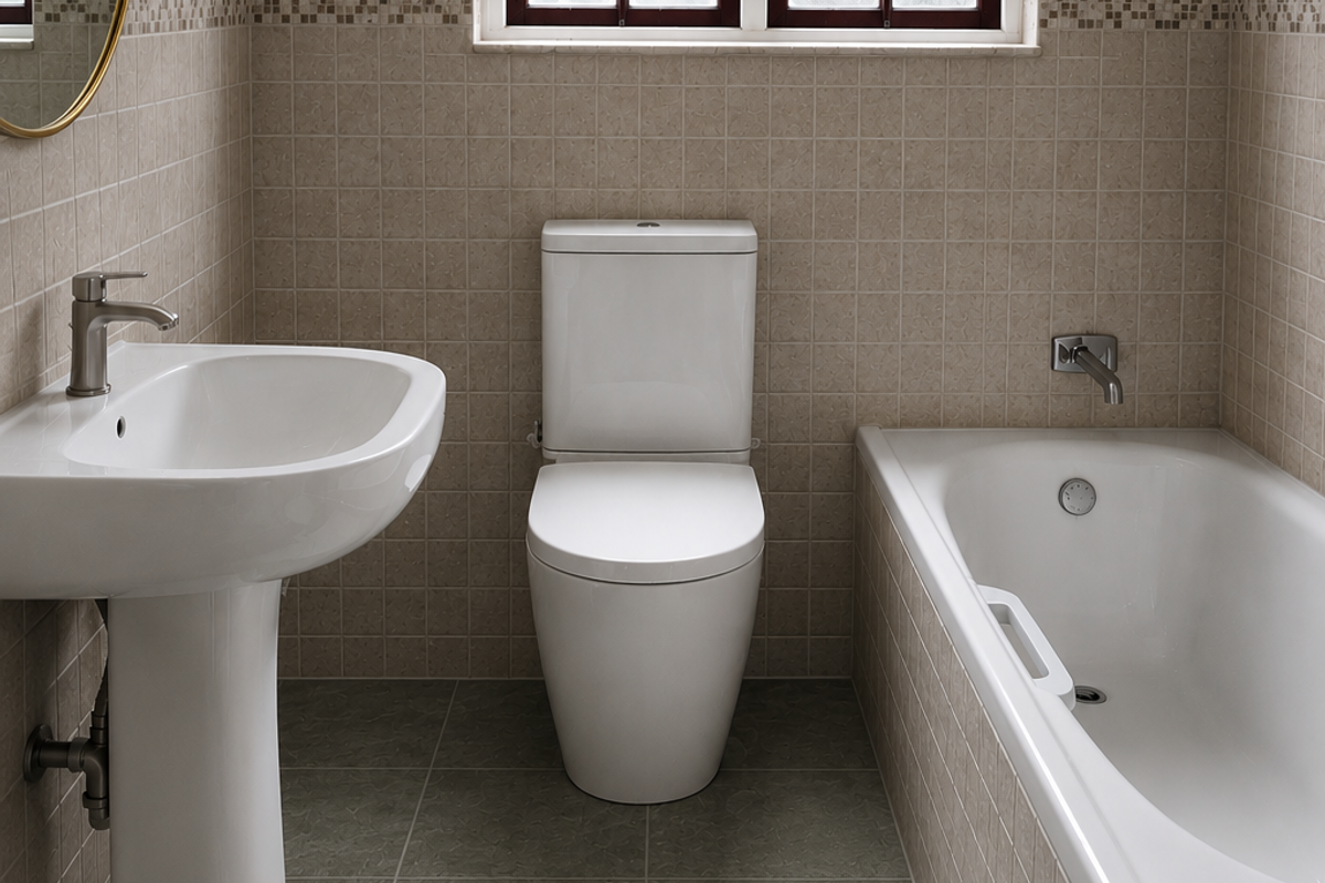 A clean, functional bathroom featuring a pedestal basin, modern toilet, and a built-in bathtub with neutral wall and floor tiling.