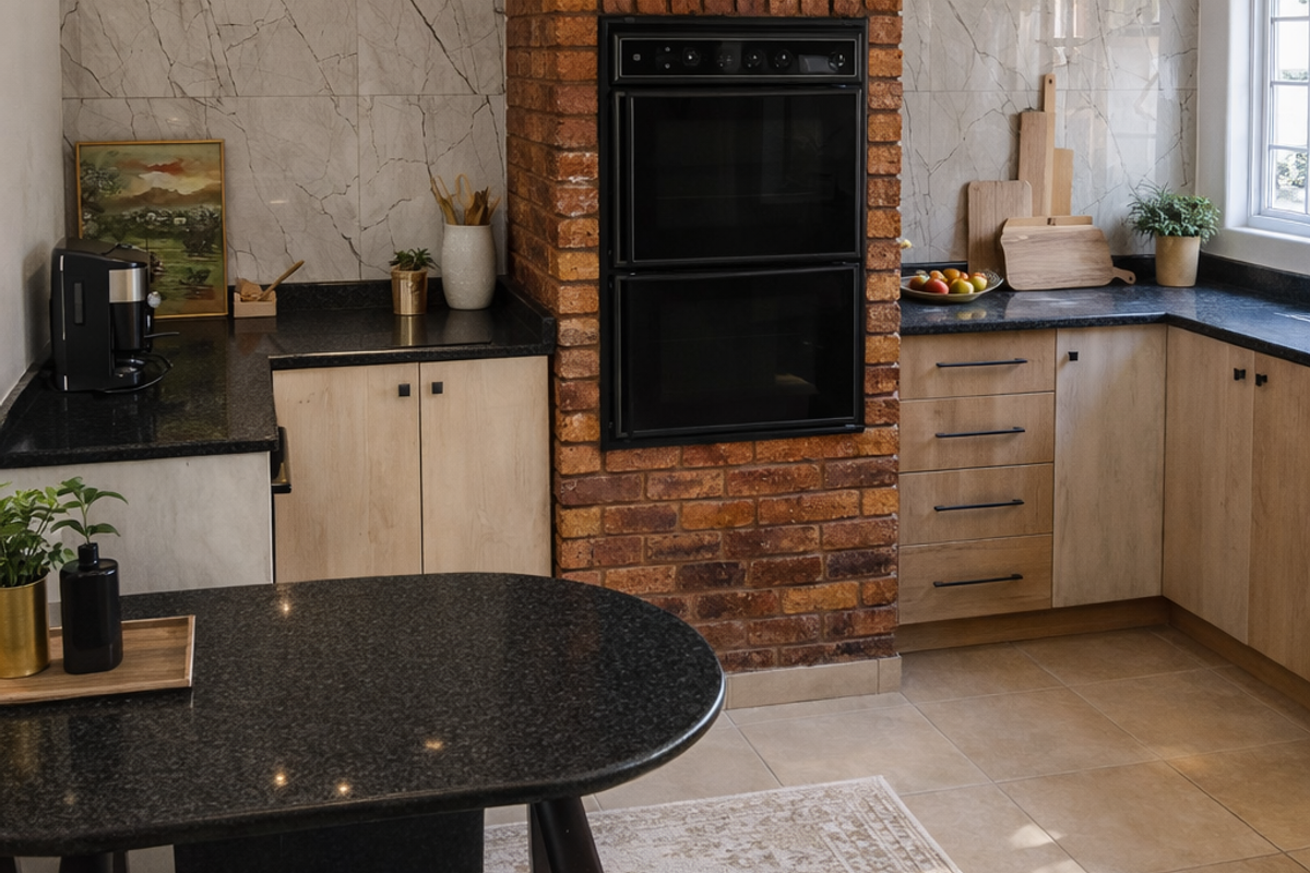 Modern kitchen featuring light wood cabinetry, dark stone countertops, a striking exposed brick chimney breast with a built-in double oven, and marble-effect tiled backsplash.
