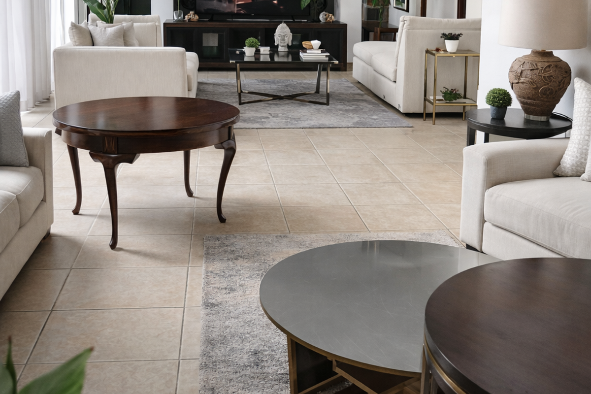Spacious living room featuring large format floor tiles and a prominent dark feature wall, creating a comfortable and well-defined lounge area.
