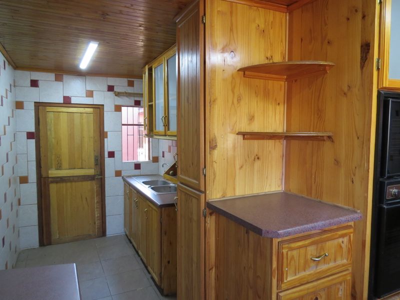 A dated kitchen featuring extensive timber cabinetry, laminate countertops, a double bowl sink, and a timber-paneled ceiling with fluorescent lighting.