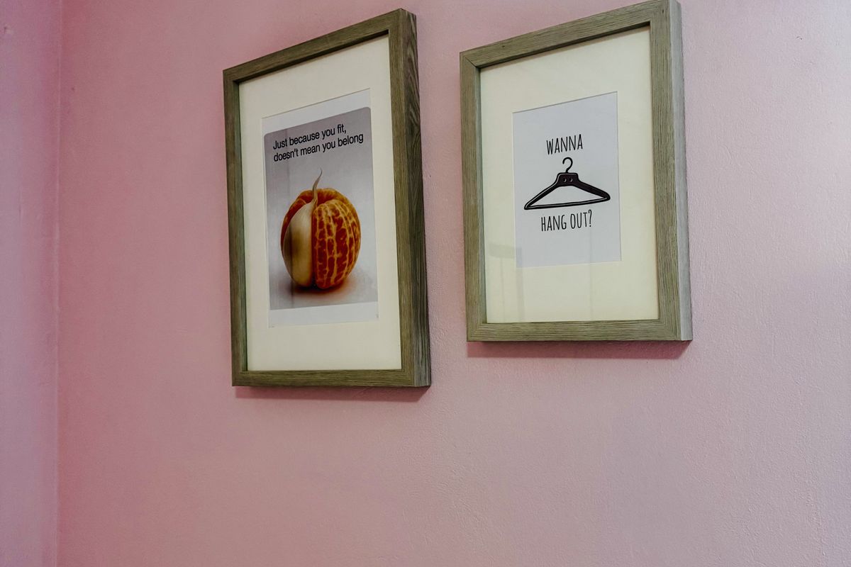 A close-up view of a pink painted wall featuring two framed decorative prints.