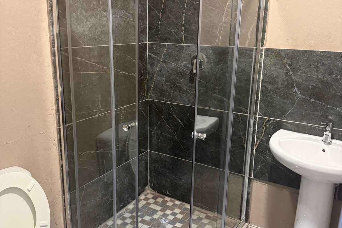 A compact bathroom featuring a corner shower enclosure with dark marble-effect tiling, a white pedestal basin, and a standard toilet.