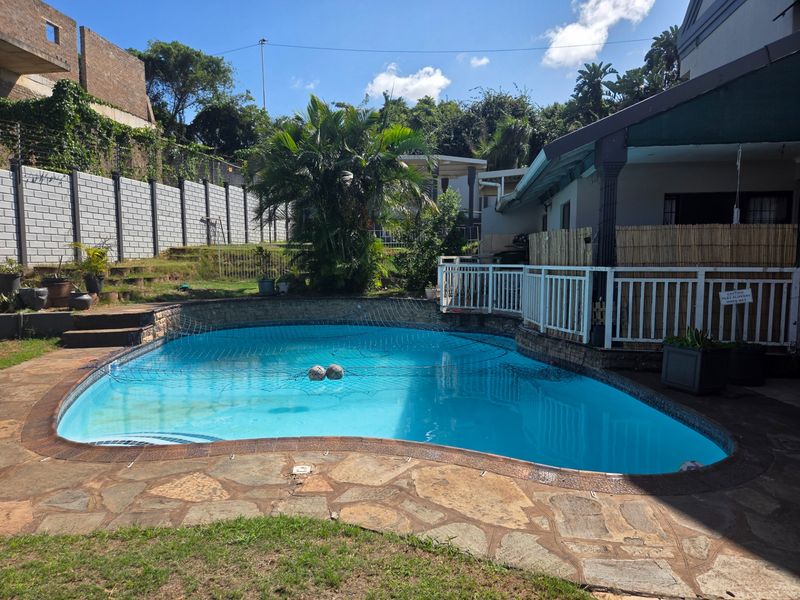 Outdoor pool area featuring a swimming pool with stone paving, boundary wall with electric fencing, and an adjacent covered patio space.