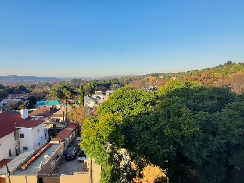 An elevated panoramic view overlooking the surrounding residential neighborhood, lush greenery, and distant hills under a clear blue sky.