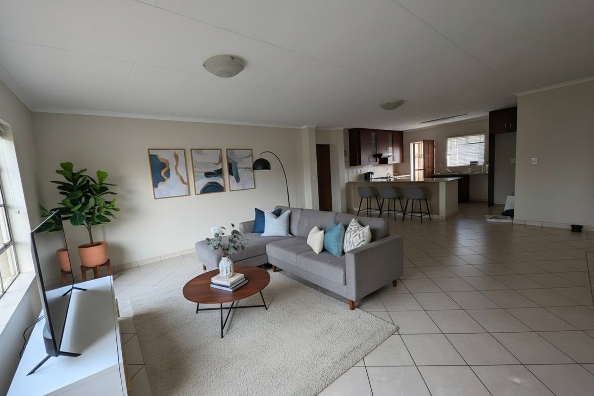 Open-plan living area featuring tiled flooring, a breakfast nook, and a kitchen with dark cabinetry, creating a functional and connected living space.