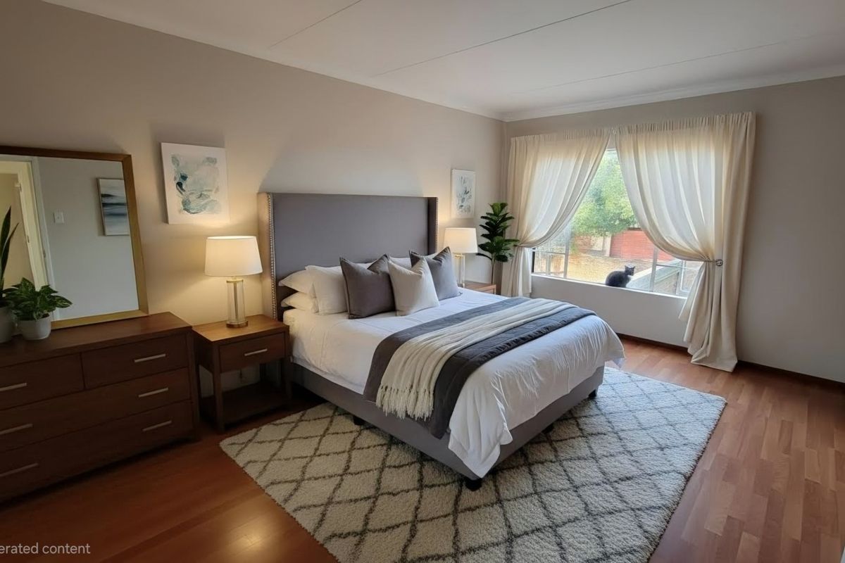 A well-maintained bedroom featuring warm-toned laminate flooring, neutral wall finishes, and large windows that provide natural light and a view of the exterior.