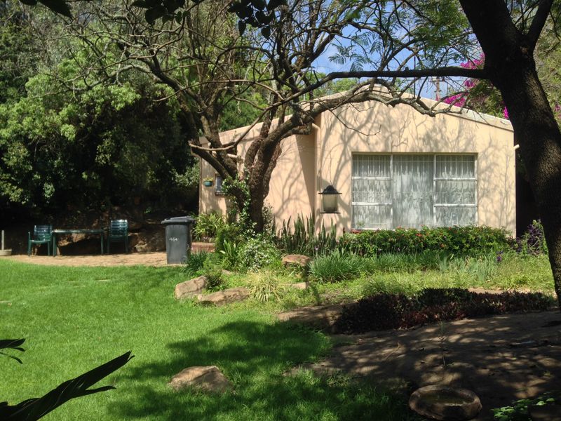 A view of the rear exterior of the house featuring a paved patio area, established garden, and mature trees.