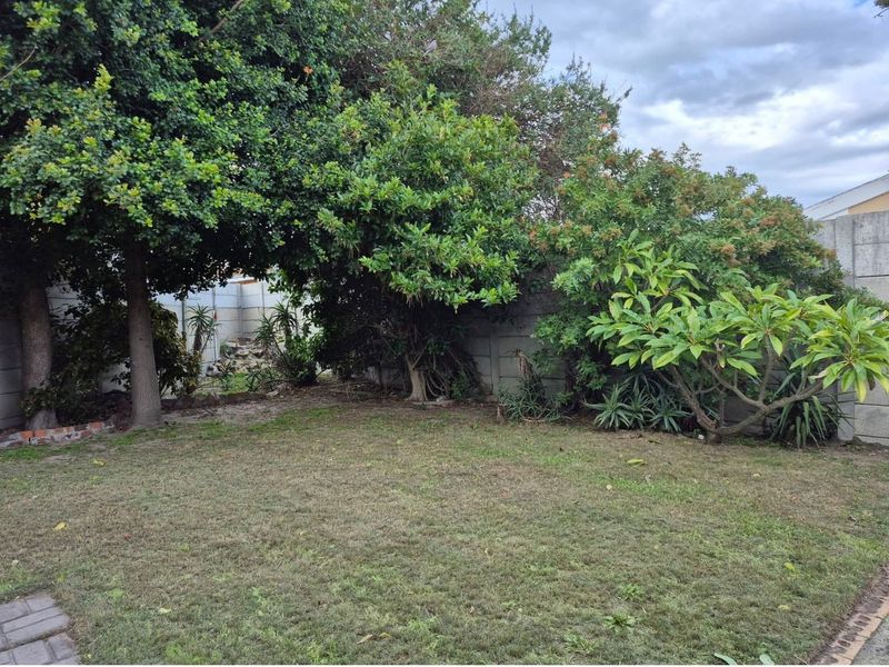A private rear garden featuring a lawn area enclosed by mature trees and concrete boundary walls.