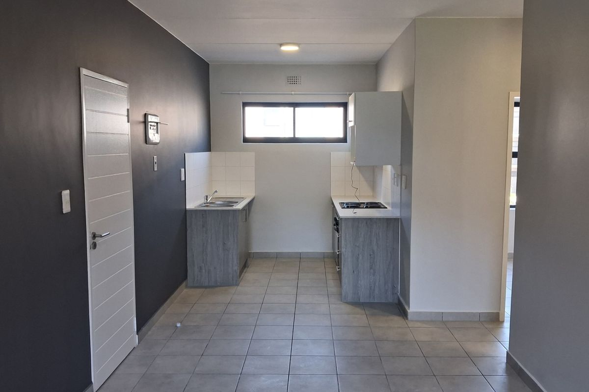 A clean, empty kitchen featuring modern grey cabinetry, tiled flooring, a built-in hob, and a stainless steel sink with tiled splashback.