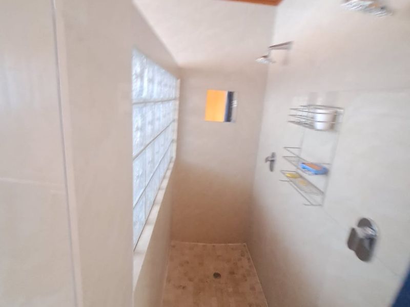 A walk-in shower area featuring dual shower heads, tiled finishes, and a decorative glass block wall for natural light.