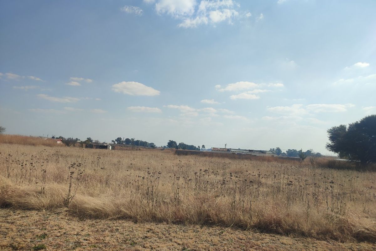 A wide-angle view of a vacant residential plot featuring dry grass and open landscape.
