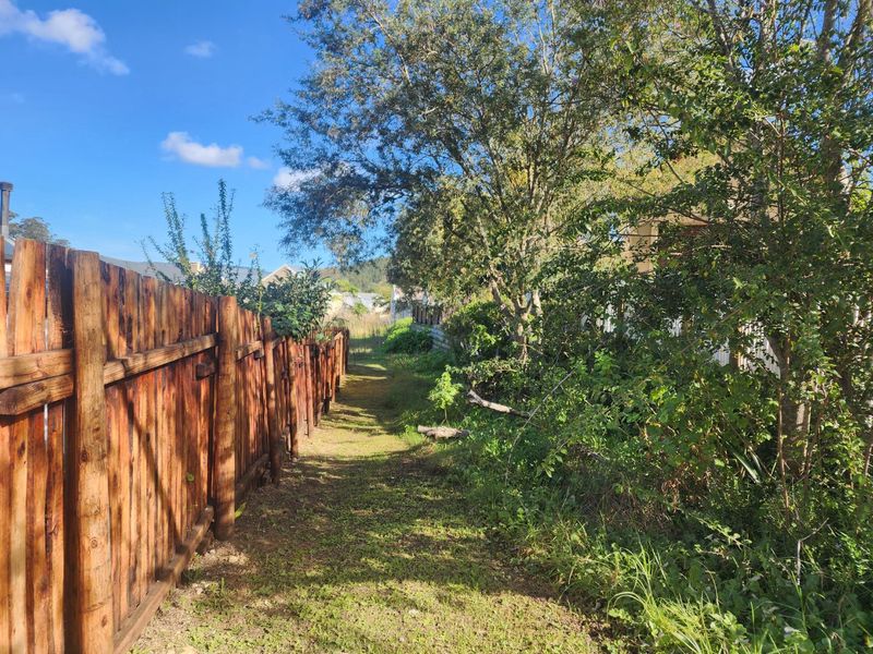 A side garden path featuring a rustic timber fence and established trees and shrubs on a vacant residential plot.