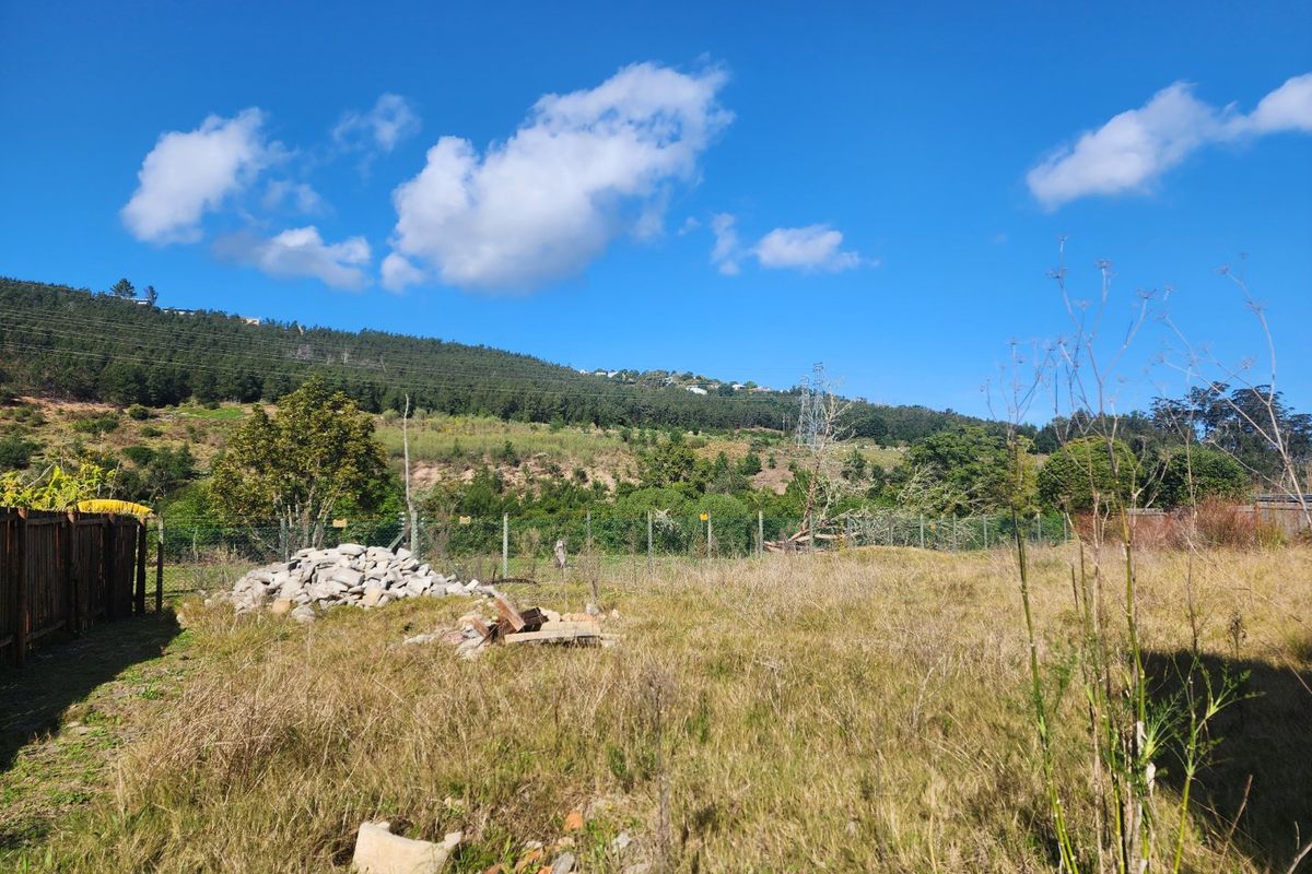 A vacant residential plot featuring overgrown grass, a wire mesh perimeter fence, and a wooden boundary fence with scenic mountain views.