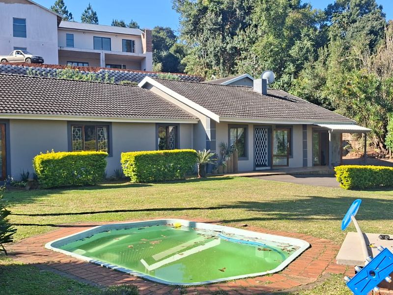 Rear view of the house featuring a lawn, garden, and a swimming pool with brick coping.