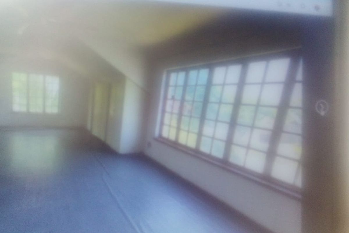 An empty, sunlit room featuring sloped ceilings and large multi-pane windows, offering a blank canvas for commercial or office use.