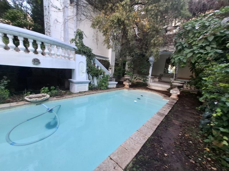 Outdoor pool area featuring a stone balustrade, staircase, and arched architectural details, surrounded by mature garden vegetation.