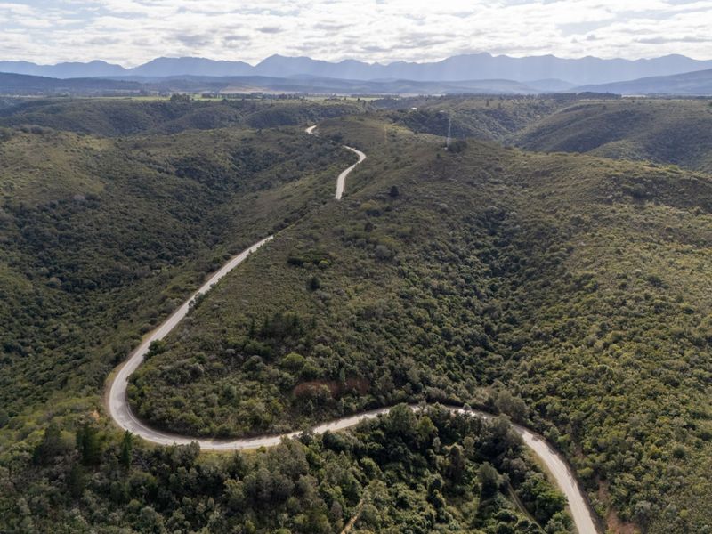 An aerial view of the expansive, hilly landscape featuring a winding paved road cutting through the natural vegetation and mountain range.