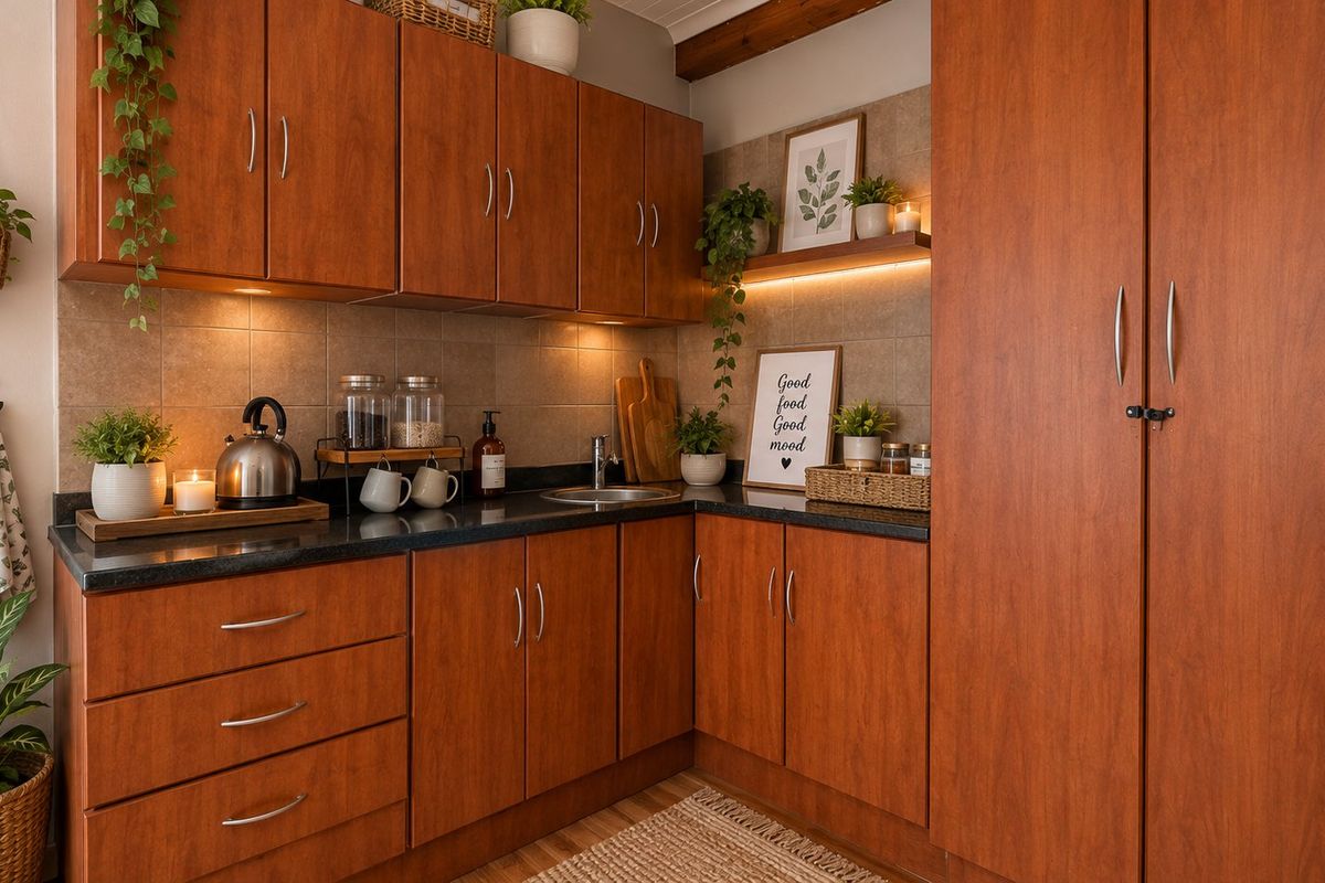 A well-maintained kitchen featuring warm-toned wooden cabinetry, dark countertops, tiled backsplash, and integrated under-cabinet lighting for a functional and inviting workspace.