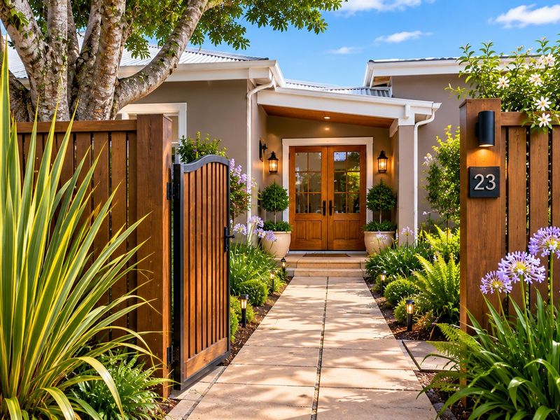 A beautifully landscaped front entrance featuring a paved walkway, timber fencing, and elegant double timber doors, creating a welcoming and well-maintained farm property facade.