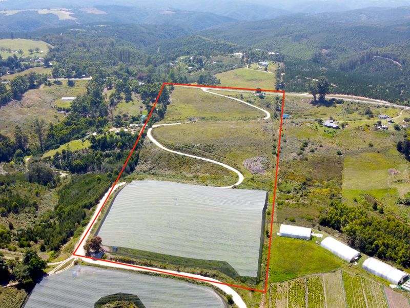 Aerial view of a large farm property featuring extensive agricultural netting, greenhouse structures, and a winding access road set within a rural landscape.