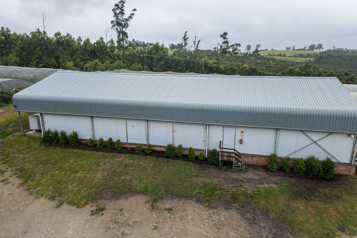 Aerial view of a large industrial-style farm building featuring a metal roof, insulated panel walls, and a brick foundation set within a rural landscape.