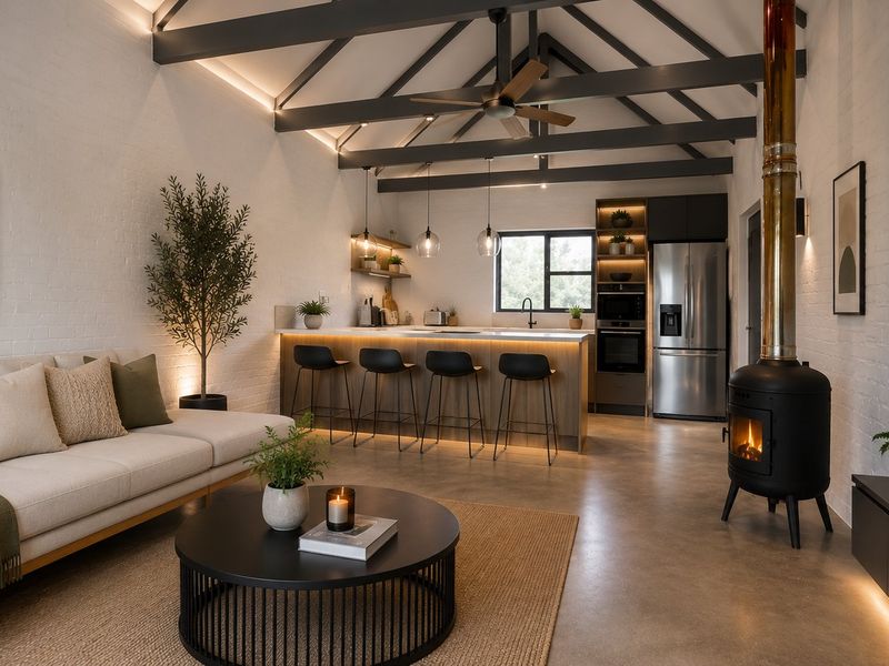 Modern open-plan living area featuring exposed vaulted beams, a sleek kitchen island, concrete floors, and a stylish freestanding wood-burning fireplace.