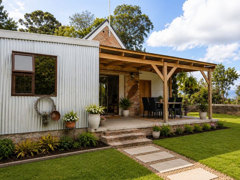 A charming covered patio featuring a timber pergola, corrugated metal siding, and brick steps, overlooking a well-maintained garden and stone retaining wall.