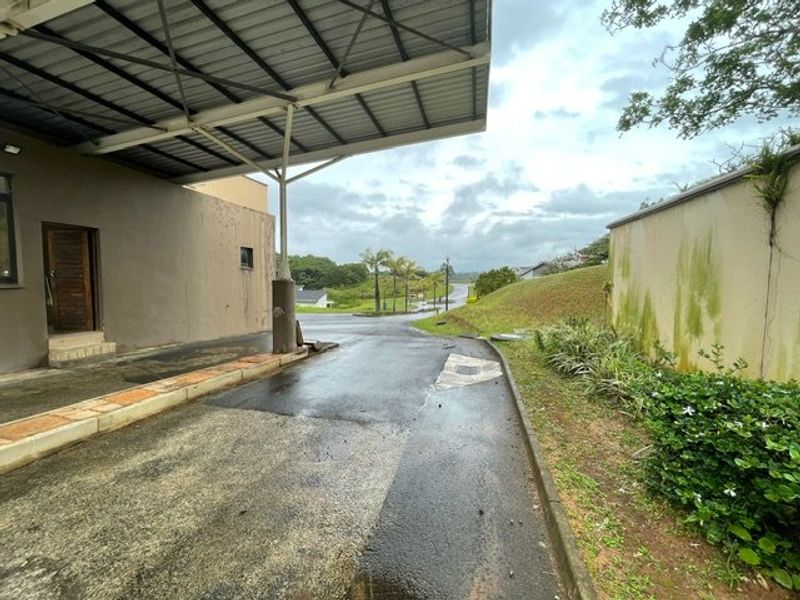 View of the property entrance featuring a covered carport, concrete driveway, and boundary wall with visible weathering and algae growth.
