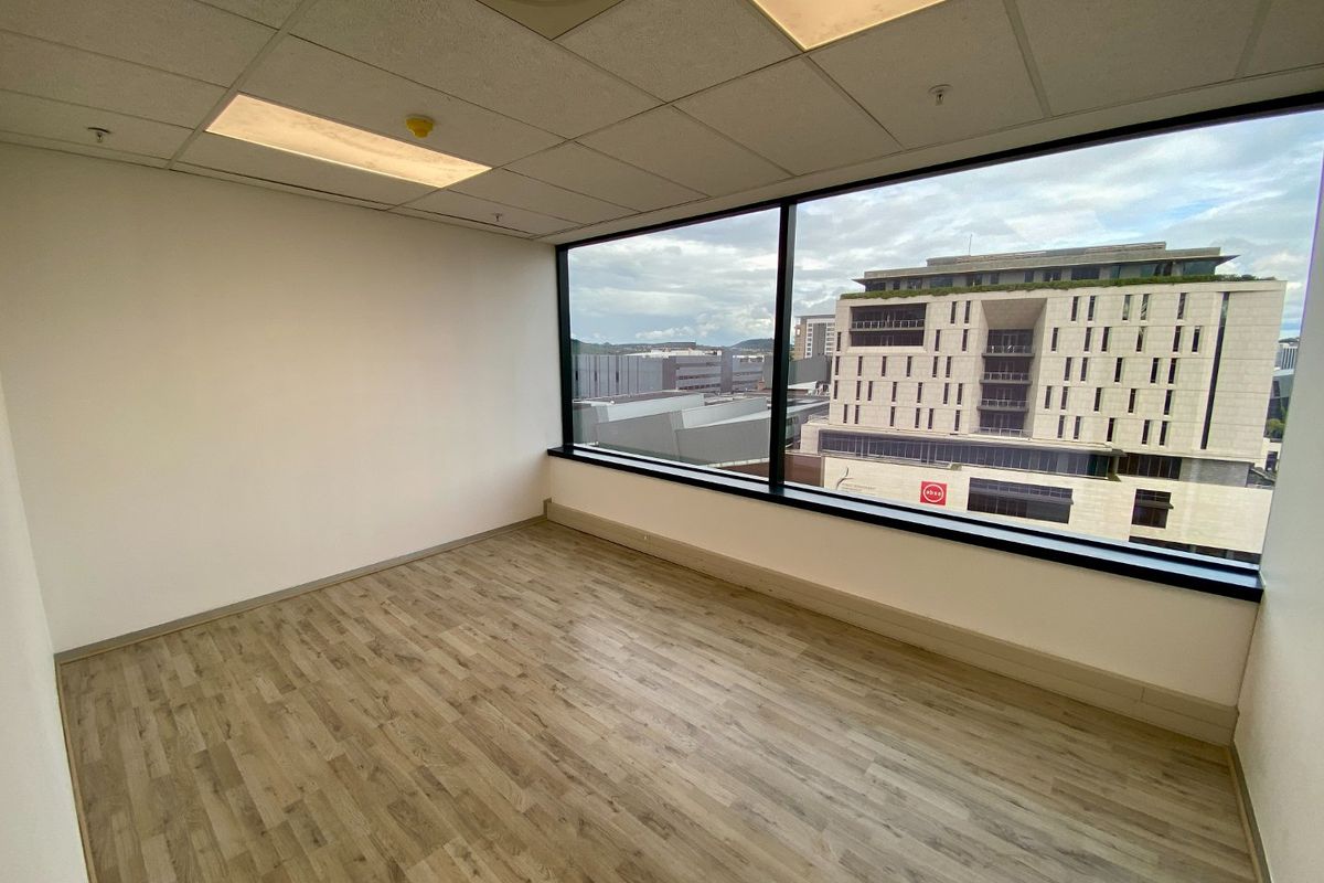 A bright, empty office space featuring modern laminate wood flooring, a suspended ceiling with recessed lighting, and large windows offering an urban city view.
