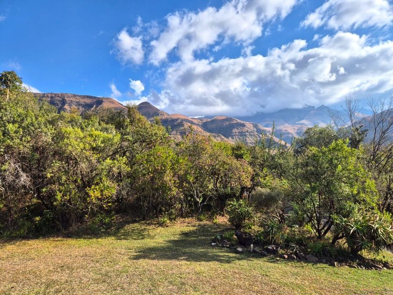 A scenic view of the surrounding mountain range and lush garden landscape, showcasing the natural beauty of the property's outdoor environment.