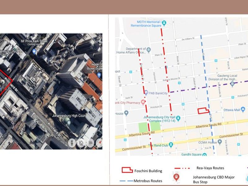 A location map and aerial view highlighting the Foschini Building in the Johannesburg CBD, including nearby transport routes and landmarks.